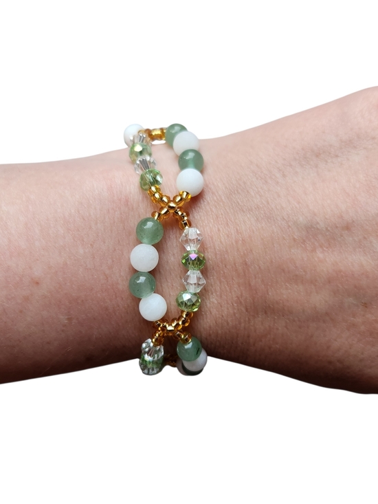 Hand Crafted Jewelry - Hand Crafted Green Aventurine & White Jade Gold Beaded Stretch Bracelet